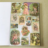 vintage old carnival tour sticker book featuring botanical roses, mushrooms, woodland animals, antique ephemera, correspondence stickers, fruit labels, Parisian motifs and cottage garden illustrations. Book of 30 pages of matte paper stickers.