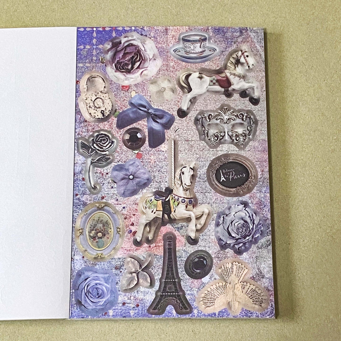 vintage old carnival tour sticker book featuring botanical roses, mushrooms, woodland animals, antique ephemera, correspondence stickers, fruit labels, Parisian motifs and cottage garden illustrations. Book of 30 pages of matte paper stickers.