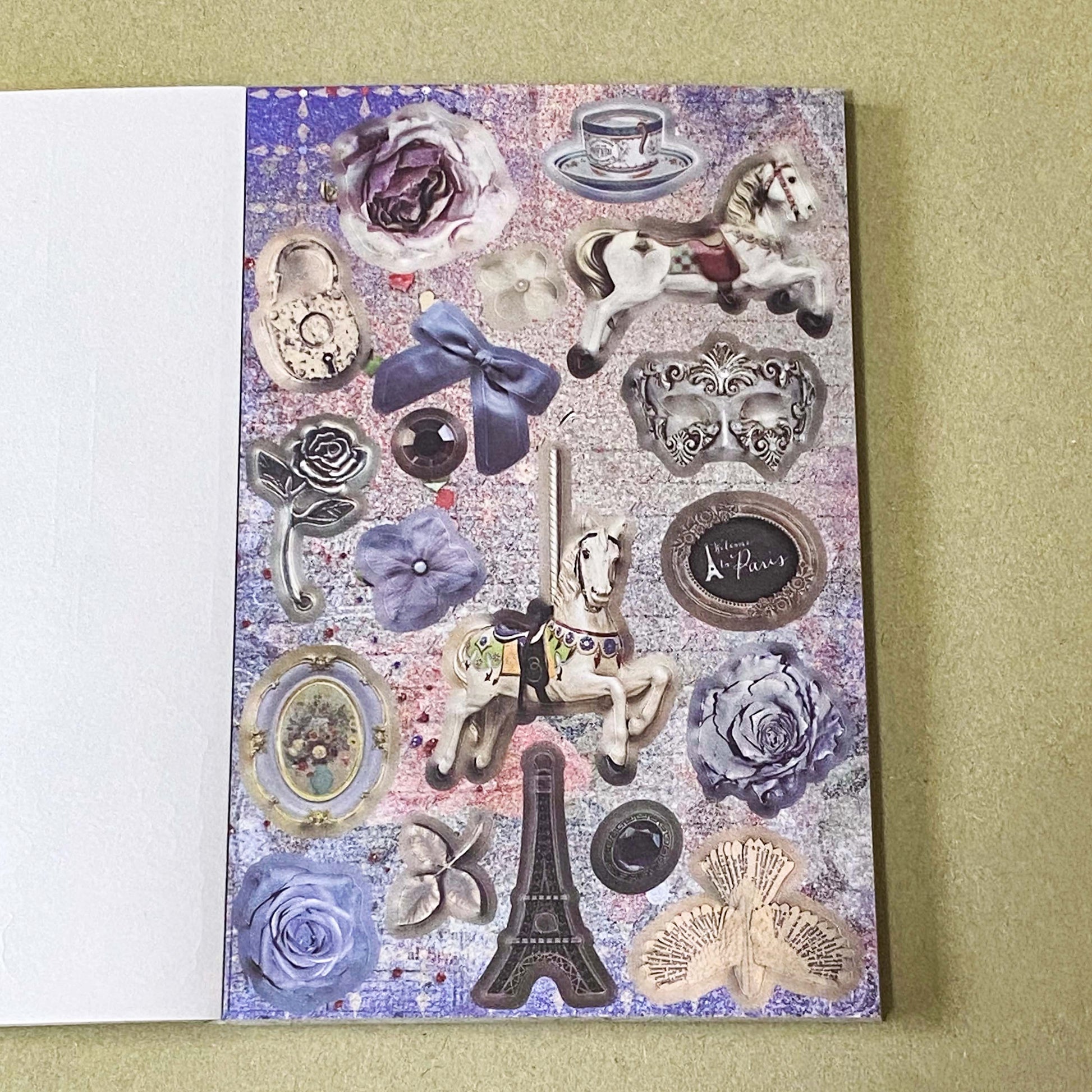 vintage old carnival tour sticker book featuring botanical roses, mushrooms, woodland animals, antique ephemera, correspondence stickers, fruit labels, Parisian motifs and cottage garden illustrations. Book of 30 pages of matte paper stickers.