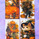cute kawaii spooky halloween postcard postcards post card cards uk orange sepia vintage retro vibes set of 4 cat cats pumpkin pumpkins haunted house houses