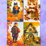 cute kawaii spooky halloween postcard postcards post card cards uk orange sepia vintage retro vibes set of 4 cat cats pumpkin pumpkins haunted house houses