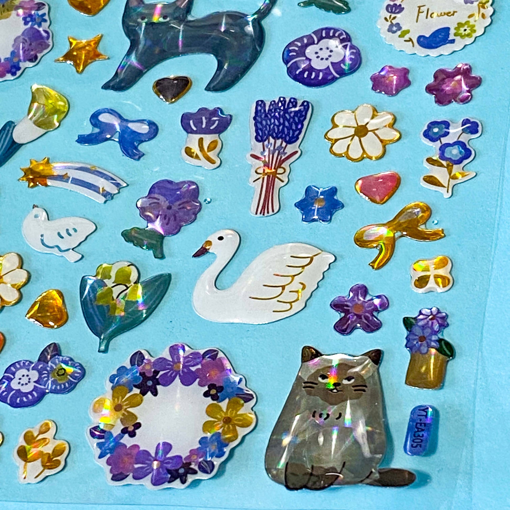 little treasure crystal puffy 3D sticker packs with domed plastic clear stickers of cats, bunny rabbits, swans, trees, flowers, gems, bows and decorative elements. Uk stationery shop.