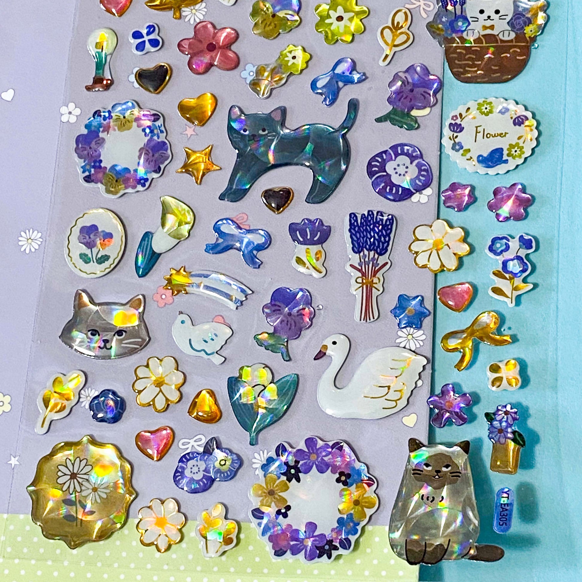 little treasure crystal puffy 3D sticker packs with domed plastic clear stickers of cats, bunny rabbits, swans, trees, flowers, gems, bows and decorative elements. Uk stationery shop.