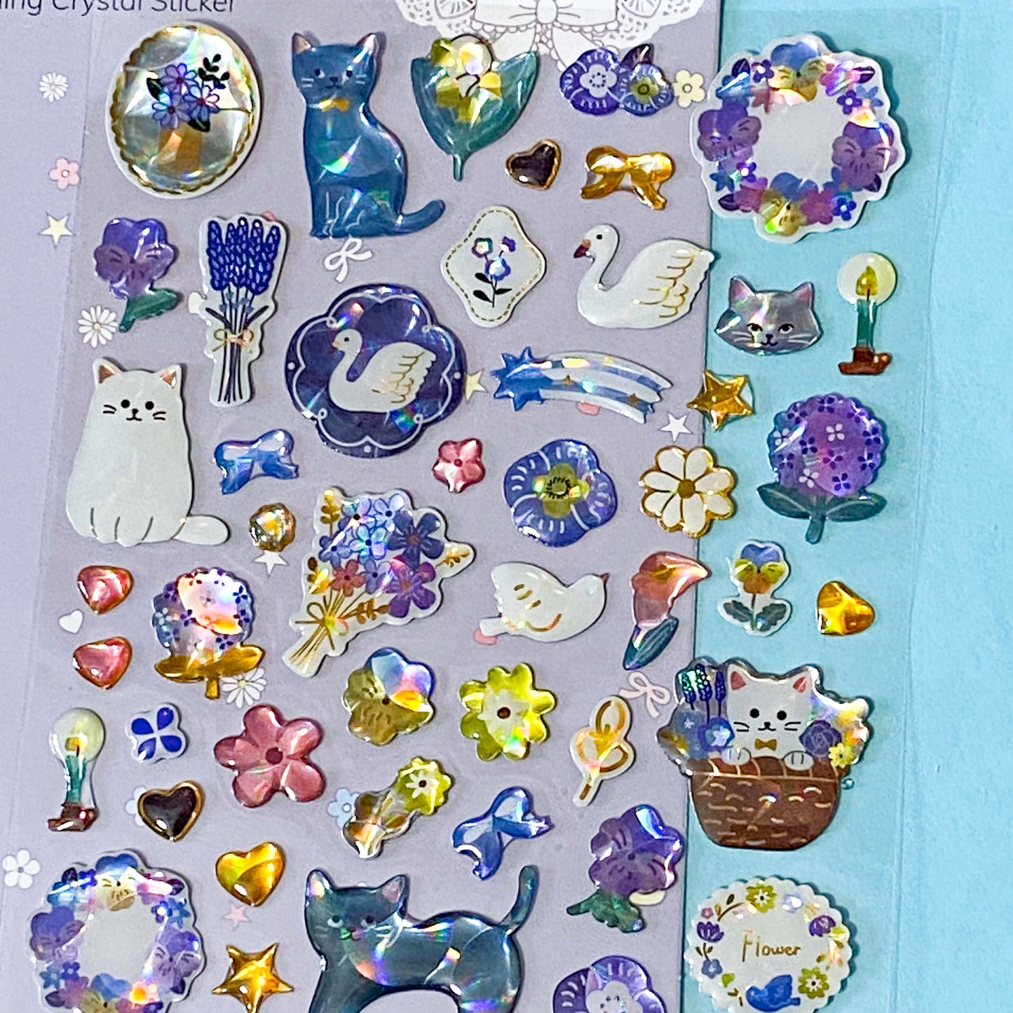 little treasure crystal puffy 3D sticker packs with domed plastic clear stickers of cats, bunny rabbits, swans, trees, flowers, gems, bows and decorative elements. Uk stationery shop.
