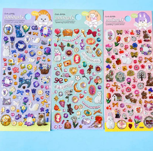 little treasure crystal puffy 3D sticker packs with domed plastic clear stickers of cats, bunny rabbits, swans, trees, flowers, gems, bows and decorative elements. Uk stationery shop.