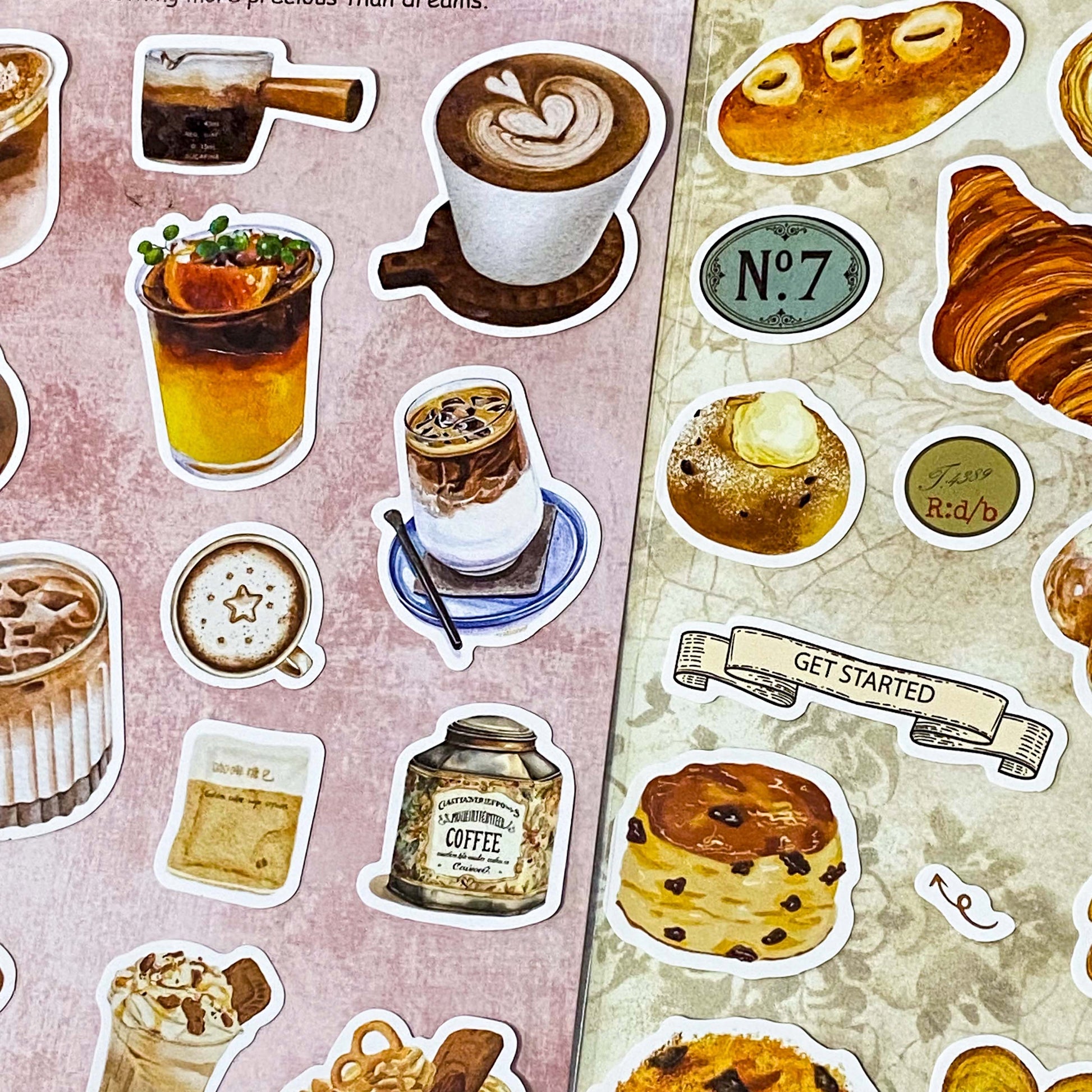 Coffee Time: Two large matte PET sticker sheets featuring coffee, iced drinks, pastries and café illustrations on transparent sheets.