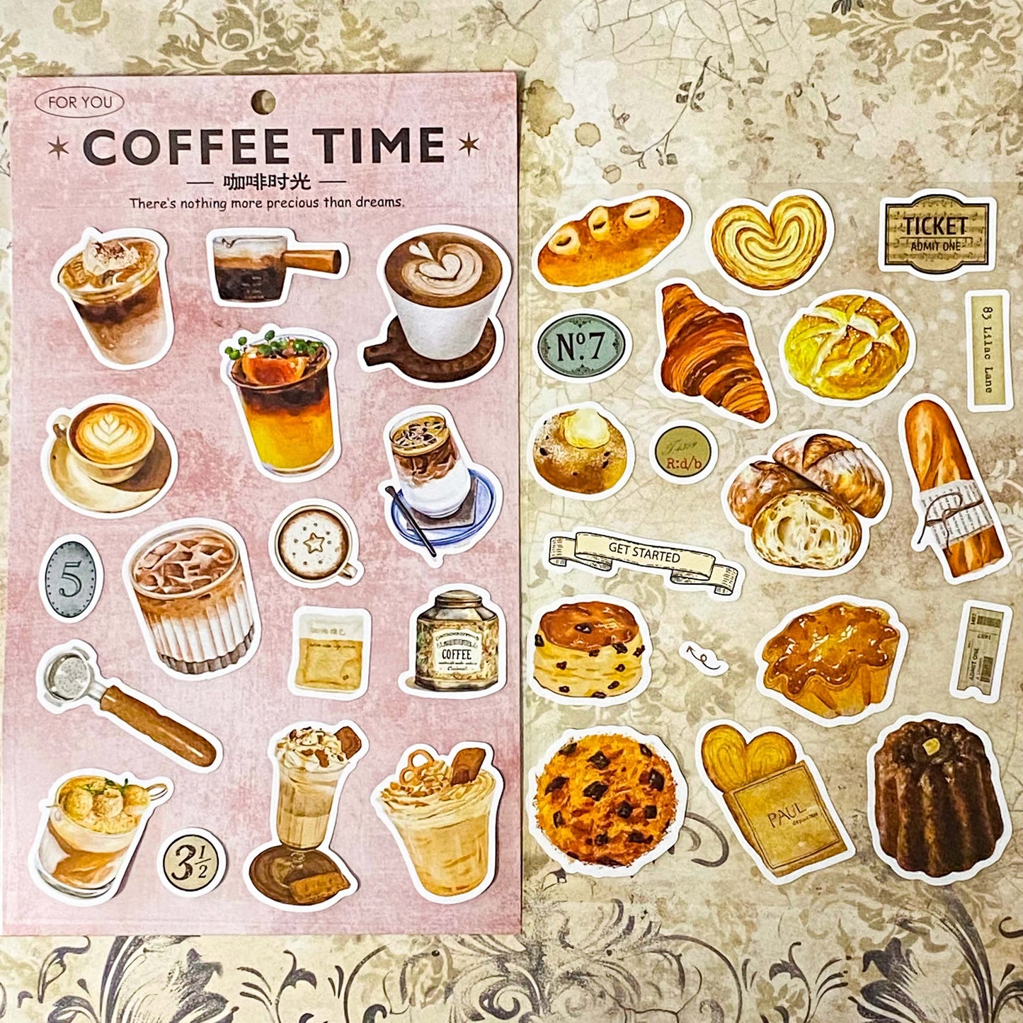 Coffee Time: Two large matte PET sticker sheets featuring coffee, iced drinks, pastries and café illustrations on transparent sheets.