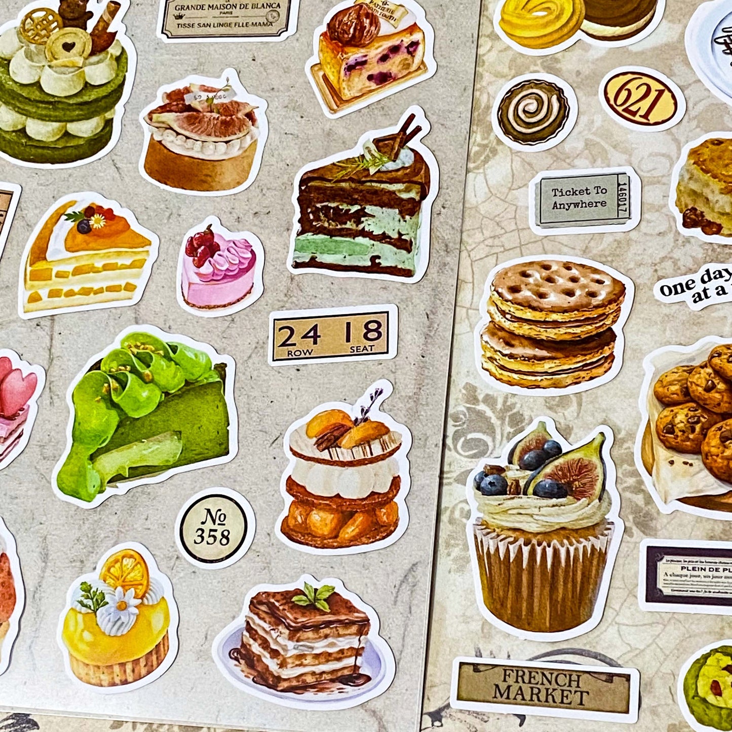 cake and gateau matte large stickers pack of 2 sheets on clear plastic with key lime pie, cupcakes, puddings and desserts.