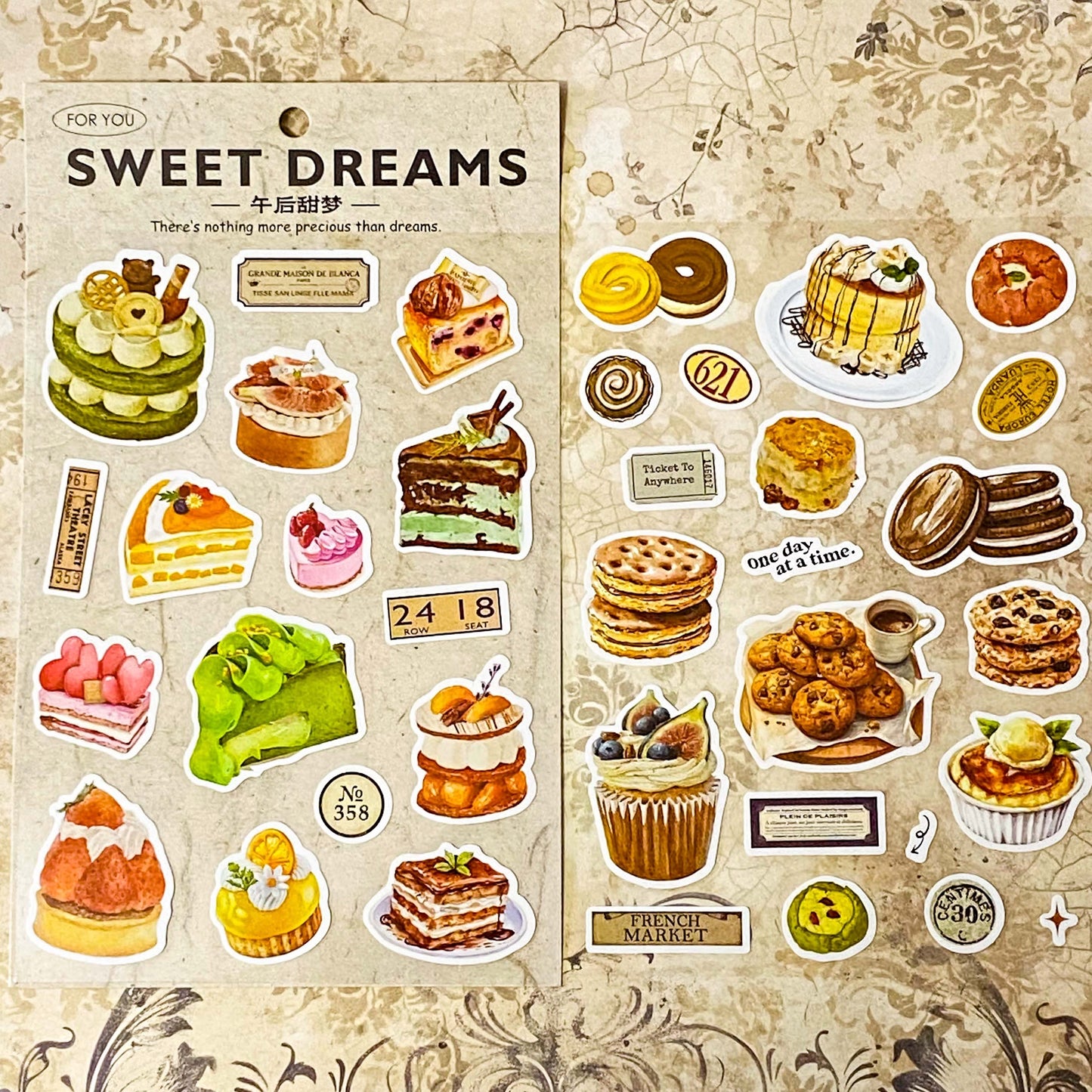 cake and gateau matte large stickers pack of 2 sheets on clear plastic with key lime pie, cupcakes, puddings and desserts.