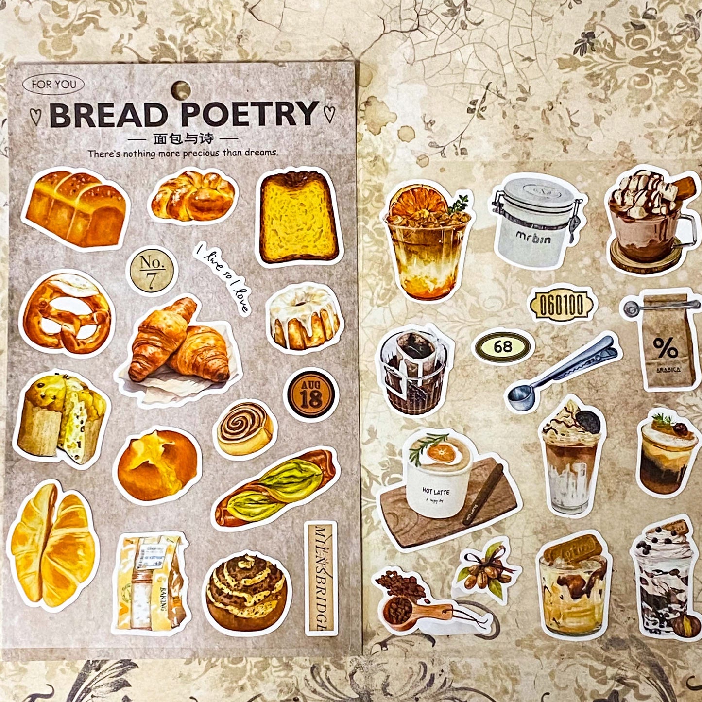 bread and pastries matte large sticker sheets pack of 2 with ice creams, desserts, bread loaf, croissant, jacket potato, baguette, sandwich roll and bagel.