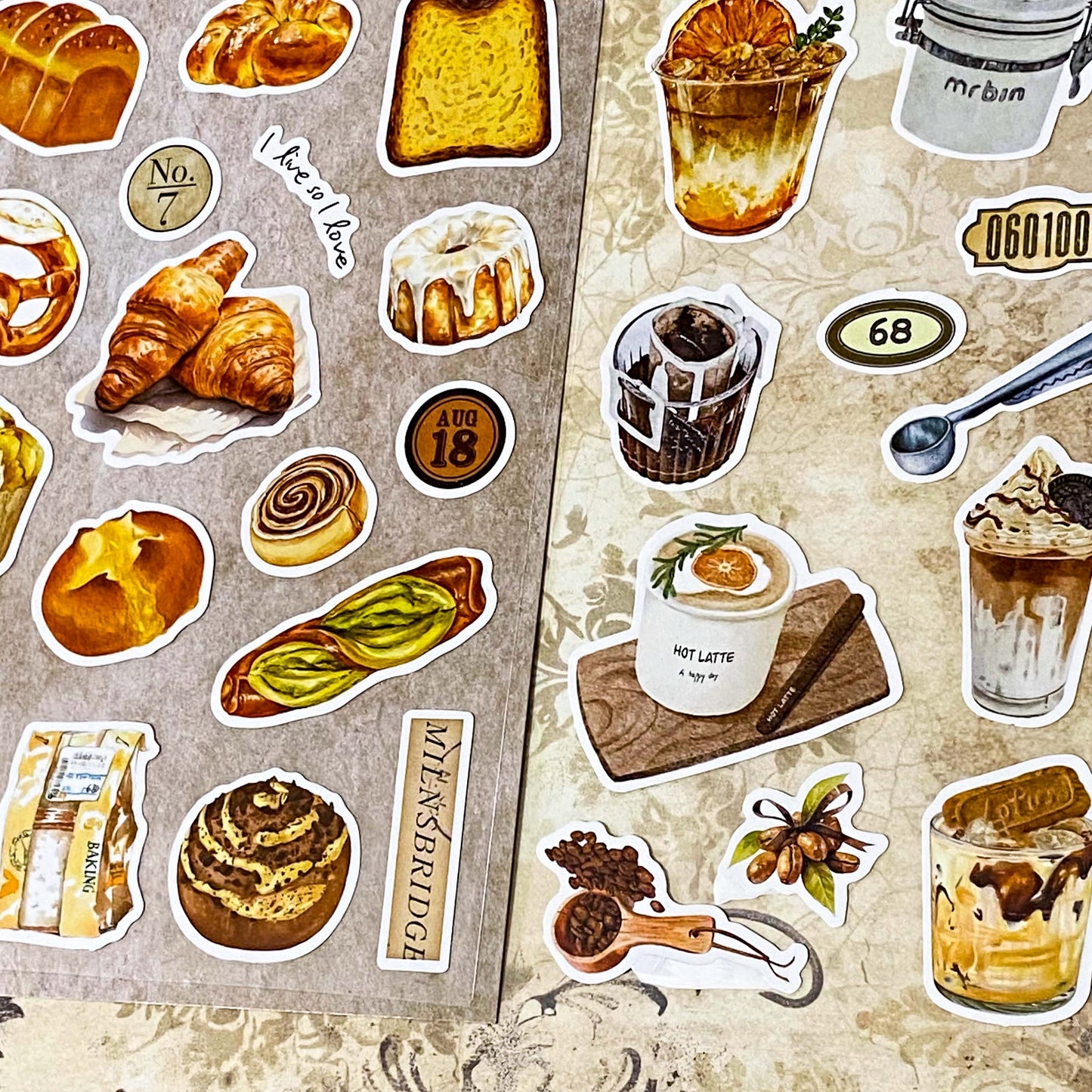 bread and pastries matte large sticker sheets pack of 2 with ice creams, desserts, bread loaf, croissant, jacket potato, baguette, sandwich roll and bagel.