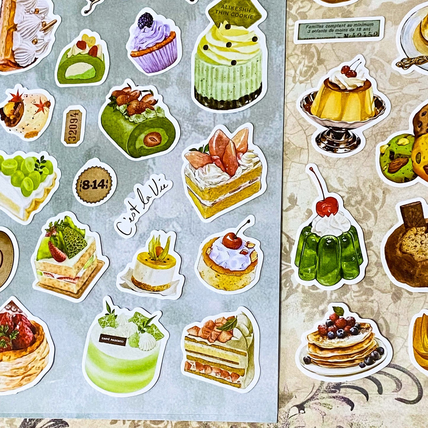 desserts and puddings large matte sticker sheets pack of 2 on clear plastic sheet with jelly, gateau, cheesecake and pie. Uk cute kawaii stationery shop.
