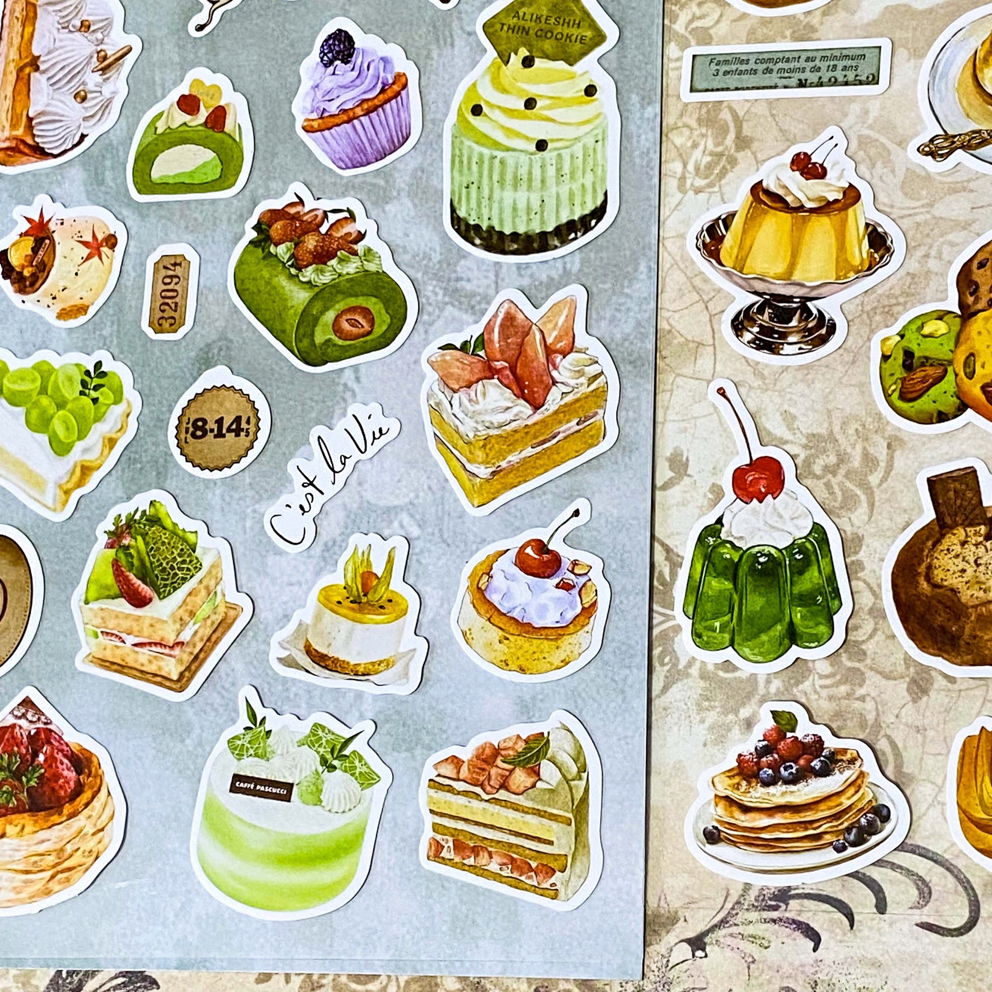 desserts and puddings large matte sticker sheets pack of 2 on clear plastic sheet with jelly, gateau, cheesecake and pie. Uk cute kawaii stationery shop.