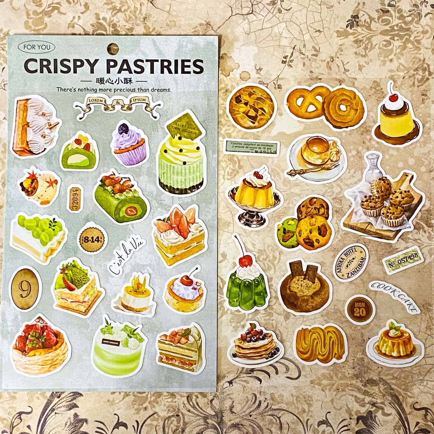 desserts and puddings large matte sticker sheets pack of 2 on clear plastic sheet with jelly, gateau, cheesecake and pie. Uk cute kawaii stationery shop.