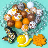 autumn silicone jumbo very large big beads bead uk cute kawaii craft supplies shop store orange yellow mustard leaf leaves print pattern patterned grey white mustard round 15mm 31mm beaded pen pens jewellery making  gold metallic