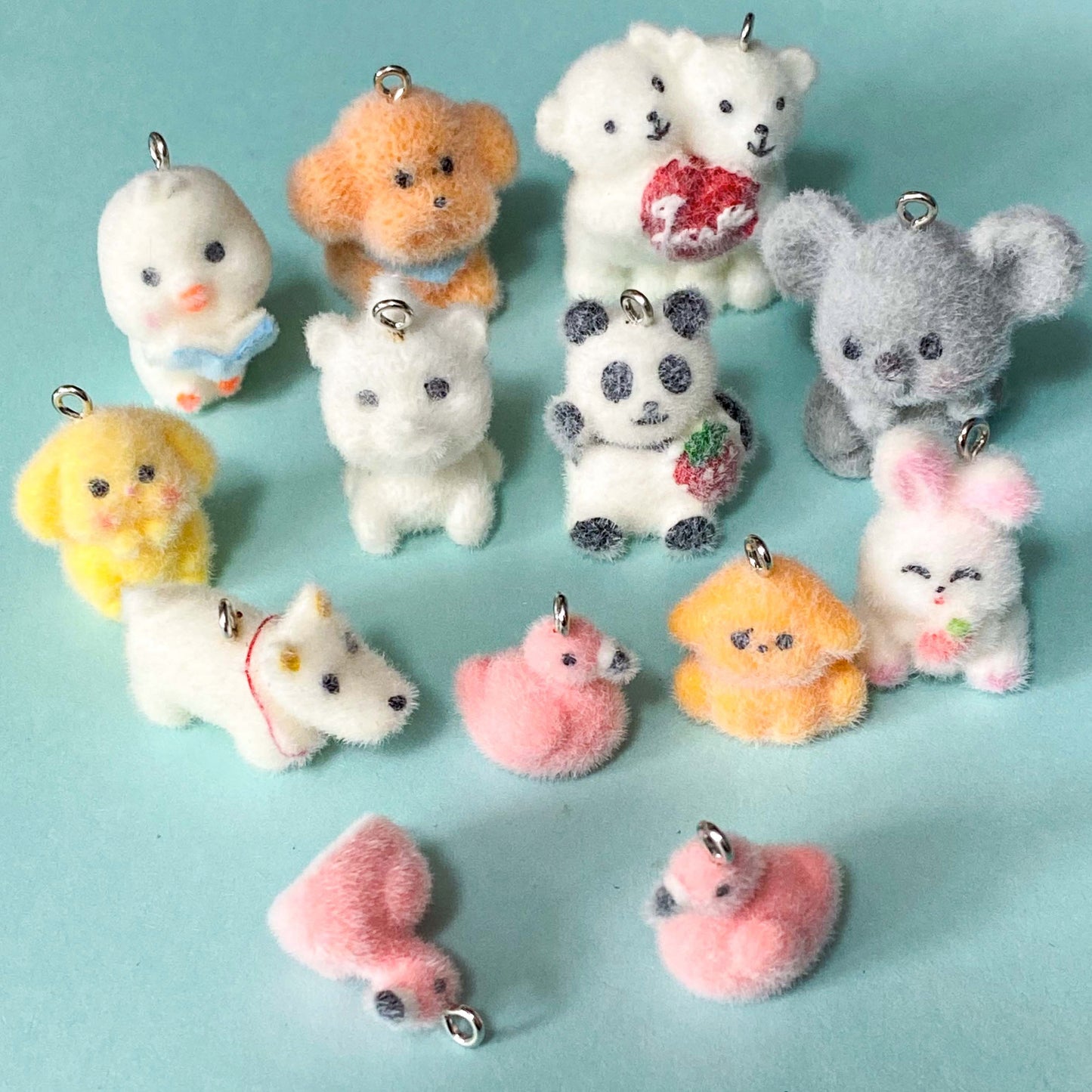 cute kawaii flocked fuzzy furry charm charms pendant pendants uk craft supplies shop store jewellery making cat puppy dog kitten polar bear duck chick chicken panda pandas poodle white orange blue yellow  koala koalas polar bear bears flamingo flamingos