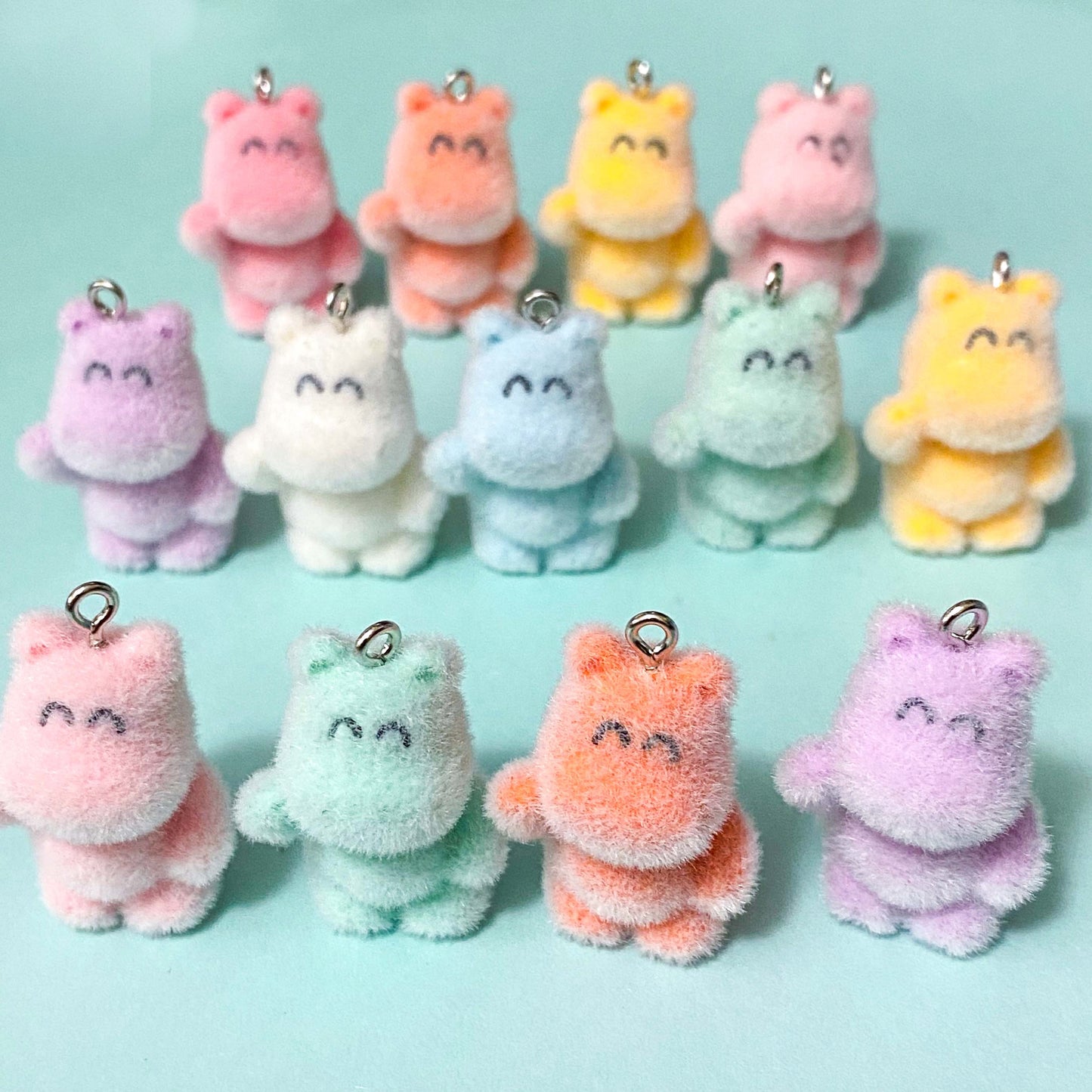 flocked hippo hippos wild animal animals fuzzy furry soft charm charms pendant large pendants 30mm 32mm 33mm uk cute kawaii craft supplies shop store pink peach yellow white blue mint green lilac moomin moomins