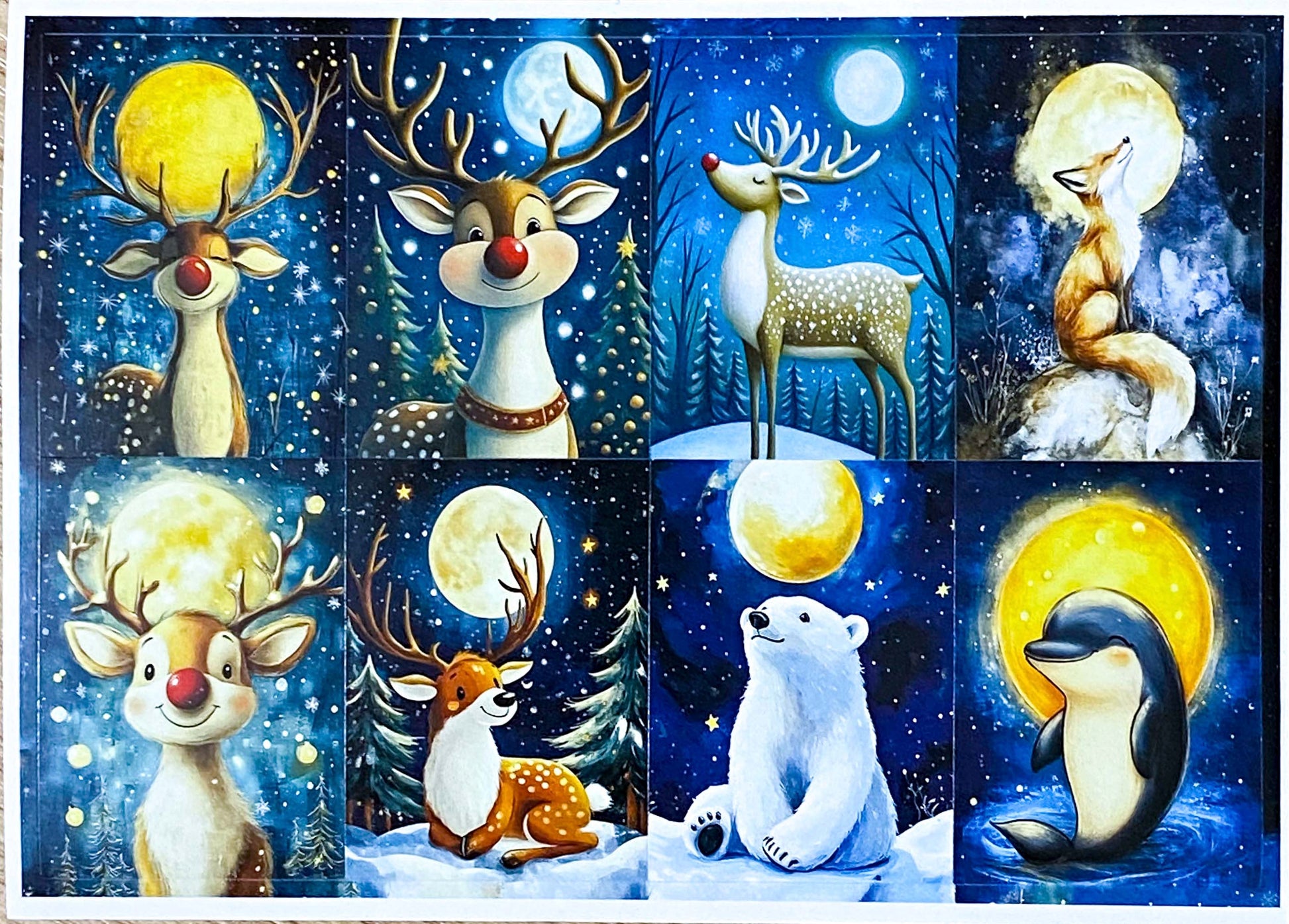 winter snow snowy animal animals polar bear bears fox bunny rabbit deer reindeer rudolph dolphin seal postcard postcards post card cards uk cute kawaii blue sun moon moonlight