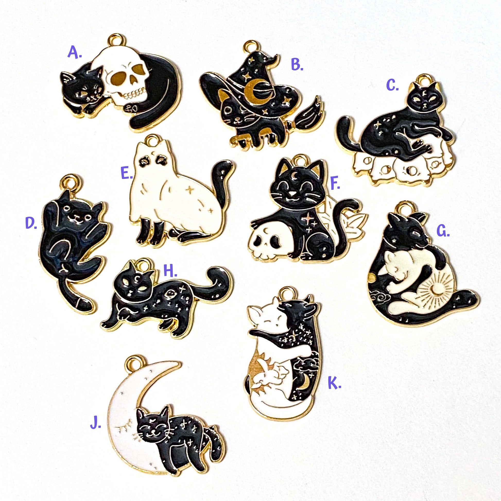 witch witches cat cats black white enamel enamelled charm charms pendant gold tone metal uk cute kawaii occult spooky halloween craft supplies shop store jewellery making skull ghost hat magic magical
