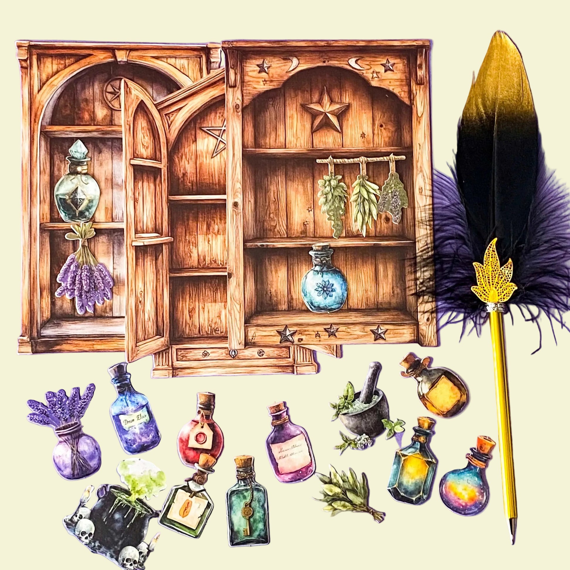 card ephemera pack with stickers of a vintage witch apothecary potions cupboard with herbs and potion bottles