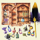 card ephemera pack with stickers of a vintage witch apothecary potions cupboard with herbs and potion bottles
