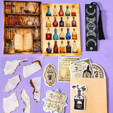 Collection of potion-themed items including bottles, labels, and a bookmark on a purple background.