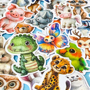 large cute and cuddle kawaii animals silk finish laptop stickers set of 50 on a pale blue background including dinosaur, leopard, butterfly and pig