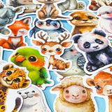 large cute and cuddle kawaii animals silk finish laptop stickers set of 50 on a pale blue background including deer, panda,, sheep, penguin and seal