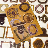 set of 68 vintage style clear PET stickers featuring ornate frames, antique keys, wax seals and clockwork designs in warm sepia tones on layered backing sheets