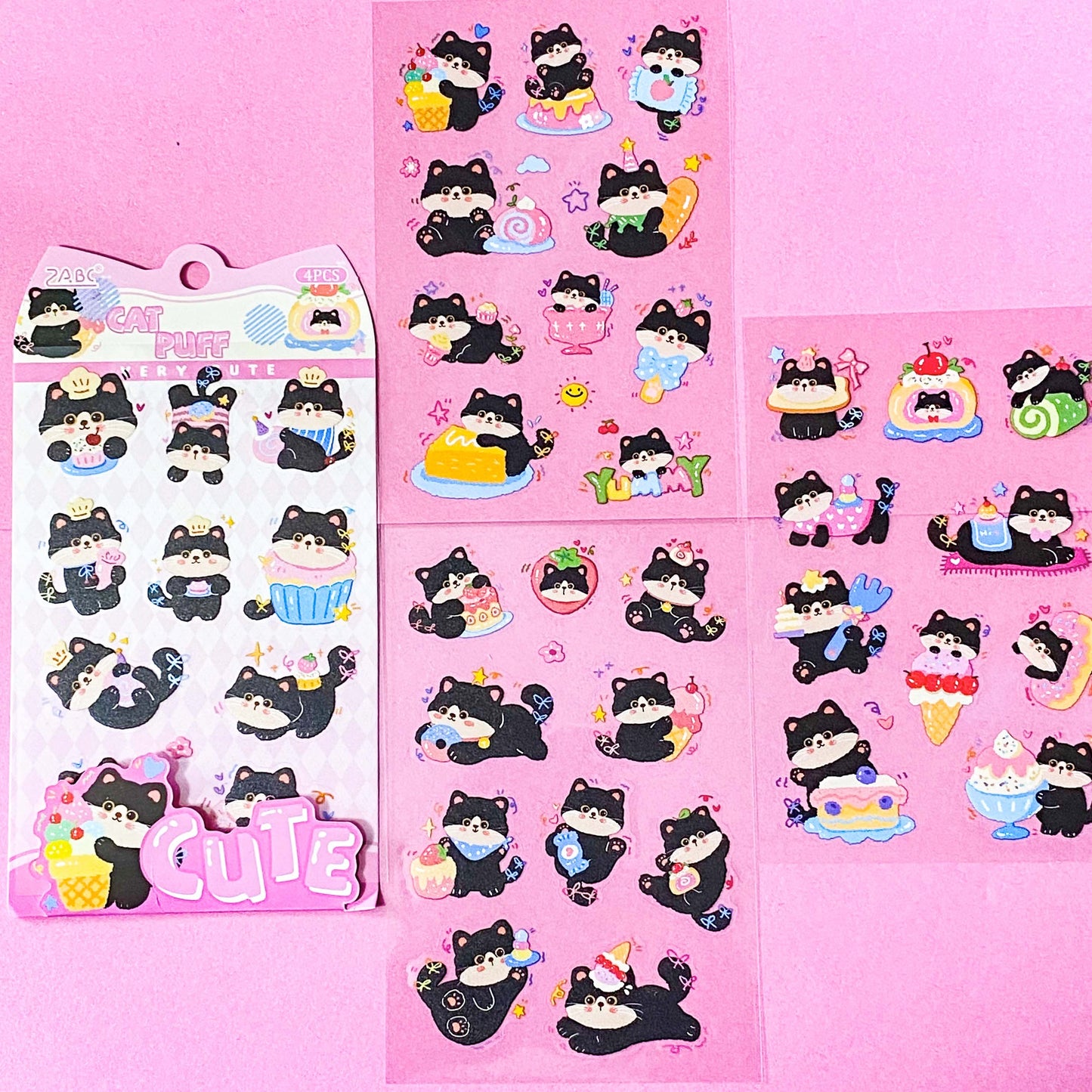 tuxedo black and white cat kawaii cartoon cats matte PET sticker packs of 4 sheets with colourful cute designs including summer holiday, christmas, party and fruits. uk stationery shop.
