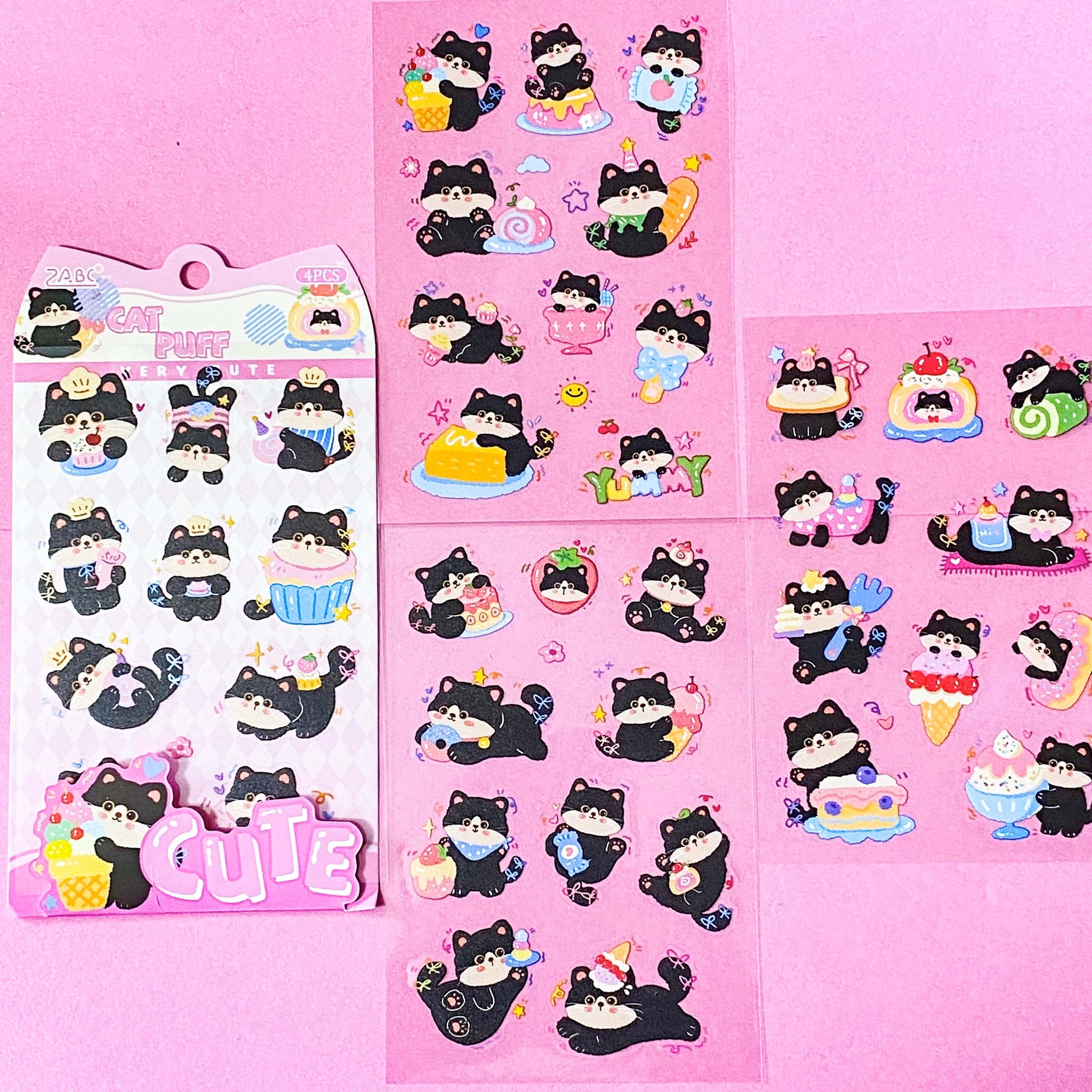 tuxedo black and white cat kawaii cartoon cats matte PET sticker packs of 4 sheets with colourful cute designs including summer holiday, christmas, party and fruits. uk stationery shop.