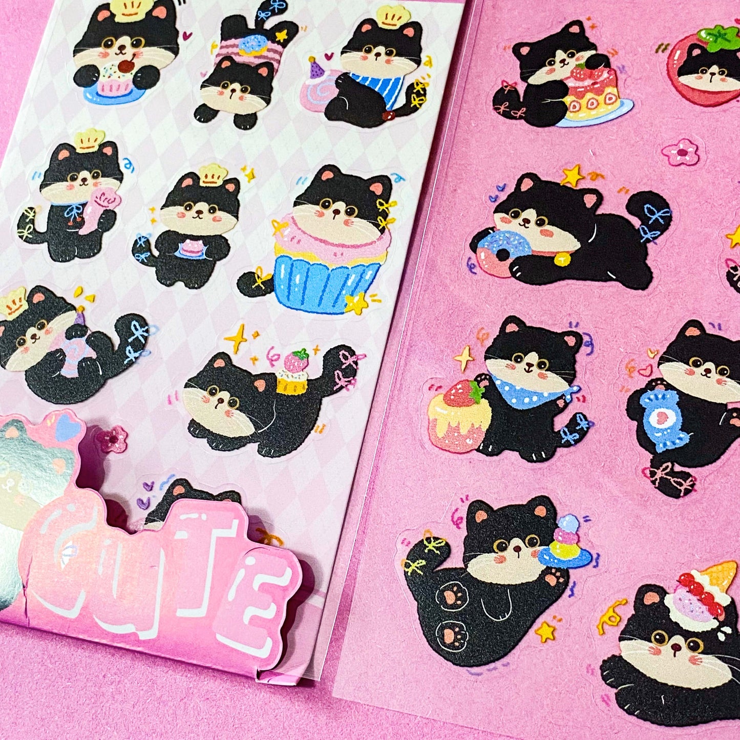 tuxedo black and white cat kawaii cartoon cats matte PET sticker packs of 4 sheets with colourful cute designs including summer holiday, christmas, party and fruits. uk stationery shop.
