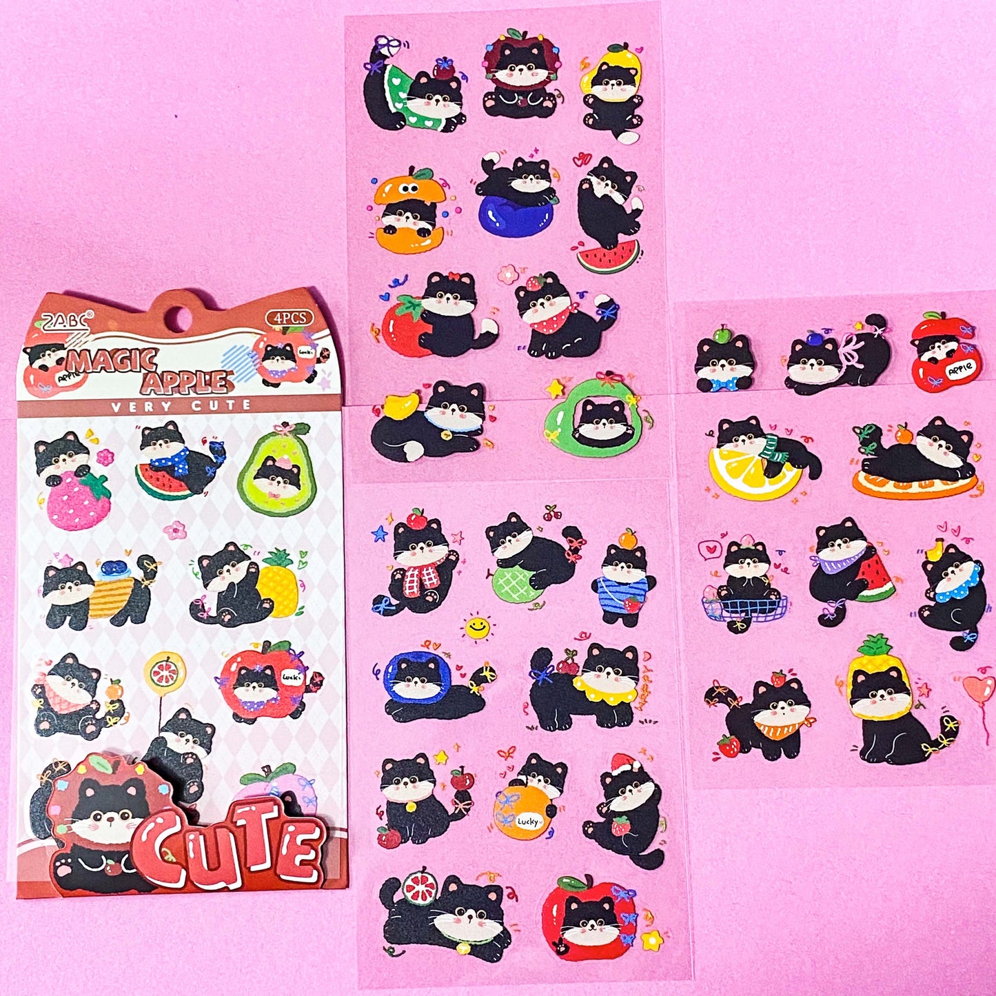 tuxedo black and white cat kawaii cartoon cats matte PET sticker packs of 4 sheets with colourful cute designs including summer holiday, christmas, party and fruits. uk stationery shop.
