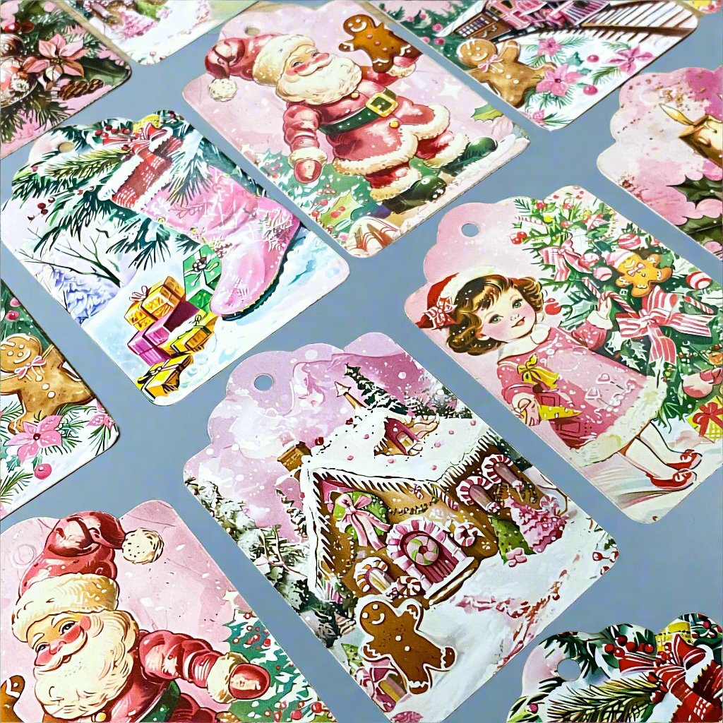 pink tag tags christmas festive retro pretty cute kawaii card thick set 6 vintage nostalgia uk stationery gift gifts gingerbread house girl train candle stocking victorian