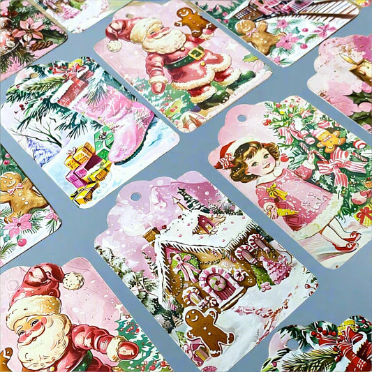 pink tag tags christmas festive retro pretty cute kawaii card thick set 6 vintage nostalgia uk stationery gift gifts gingerbread house girl train candle stocking victorian