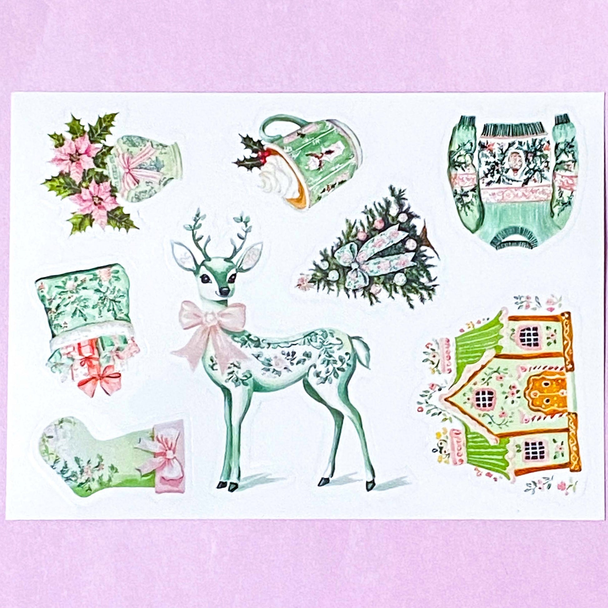 kawaii cute christmas stickers stickers sheet pastel pink and green retro vintage pretty glossy white festive stationery uk shop store planner addict supplies santa sleigh snowman deer gingerbread