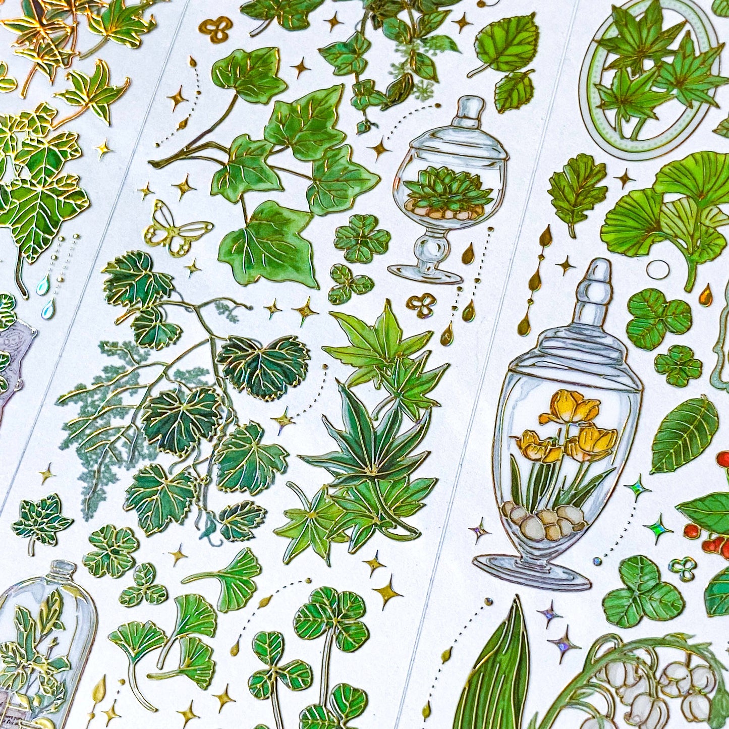 green gold yellow flower flowers plants plant sticker stickers sheet holo holographic foil foiled clear plastic pet uk cute kawaii stationery shop store butterflies butterfly jar jars ivy clover four leaf leaves 