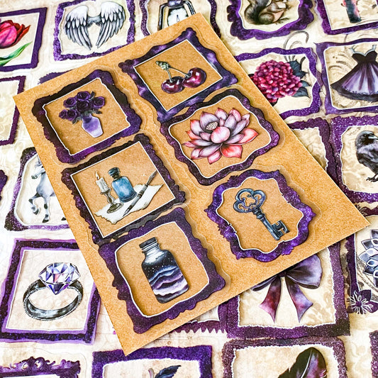 set of 50 gothic vintage plastic stickers with black and deep purple ornate frames featuring botanical illustrations, animals, victorian objects and curiosity cabinet themed designs