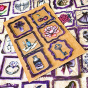 set of 50 gothic vintage plastic stickers with black and deep purple ornate frames featuring botanical illustrations, animals, victorian objects and curiosity cabinet themed designs