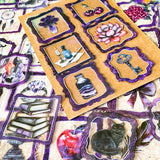 set of 50 gothic vintage plastic stickers with black and deep purple ornate frames featuring botanical illustrations, animals, victorian objects and curiosity cabinet themed designs