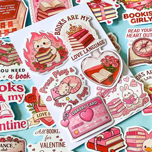 set of 52 stickers, book themed holographic stickers with pink and red designs featuring books, reading, animals , flowers and romantic bookish quotes 