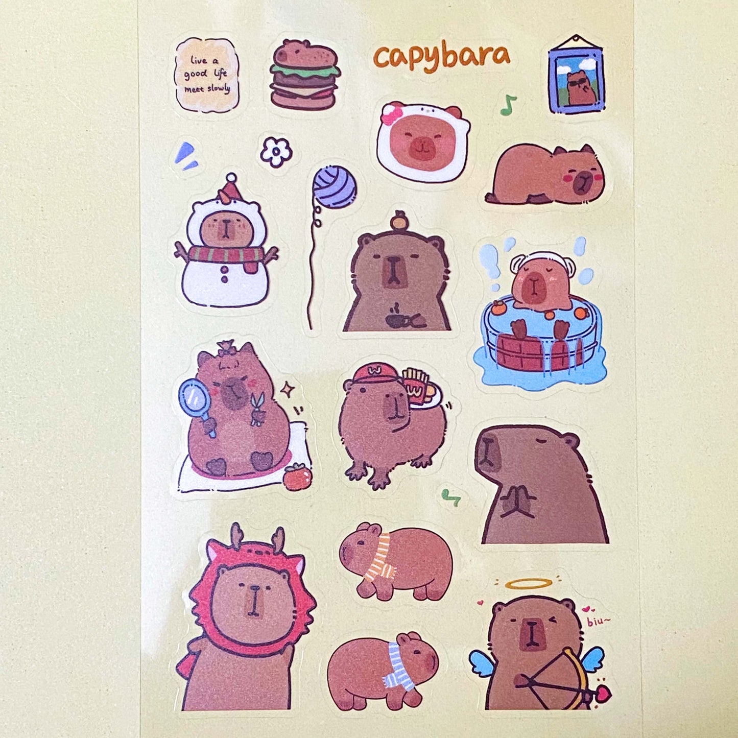 cute kawaii cuddly cabybara capybaras guinea pig pigs sticker stickers clear plastic pet pvc sheet pack 6 uk stationery planner supplies shop store gift gifts brown transparent sheets