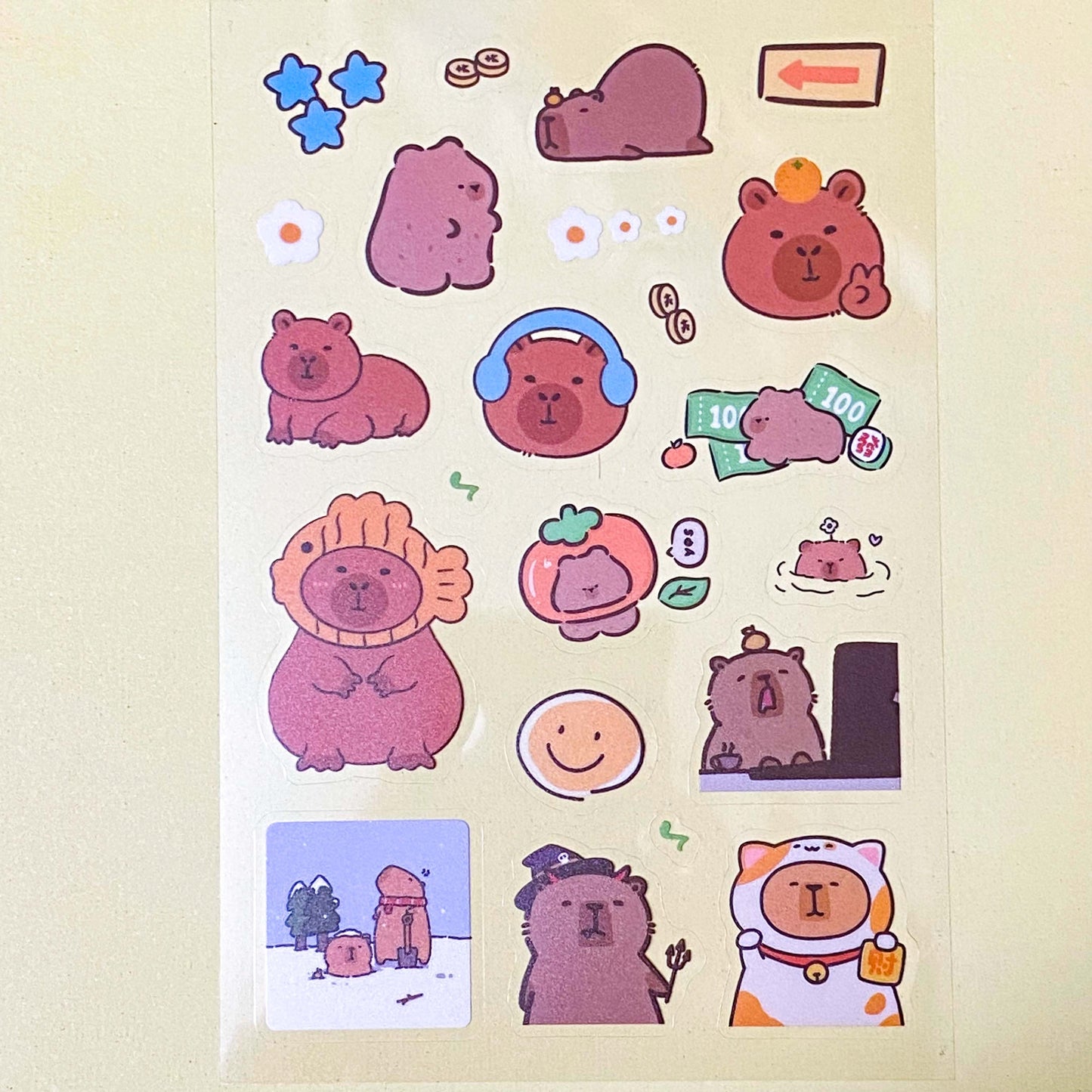 cute kawaii cuddly cabybara capybaras guinea pig pigs sticker stickers clear plastic pet pvc sheet pack 6 uk stationery planner supplies shop store gift gifts brown transparent sheets