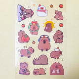 cute kawaii cuddly cabybara capybaras guinea pig pigs sticker stickers clear plastic pet pvc sheet pack 6 uk stationery planner supplies shop store gift gifts brown transparent sheets