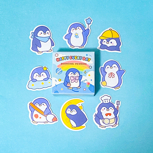 Set of penguin-themed stickers with a 'Happy Every Day' box on a blue background