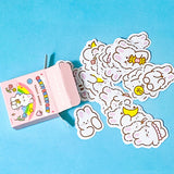 kawaii spring rabbit stickers in a mini box on a blue background
