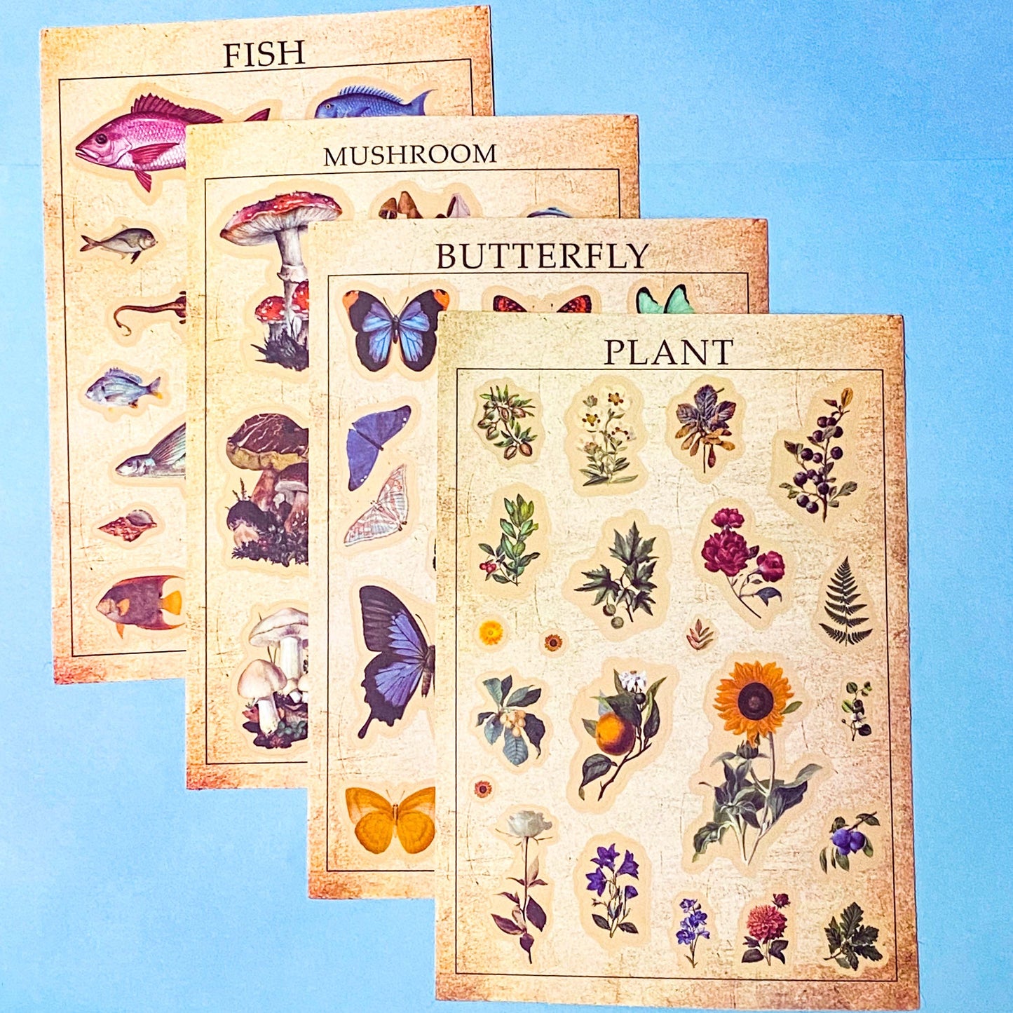 vintage botanical plants  butterflies and mushroom matte sticker sheets on a blue background