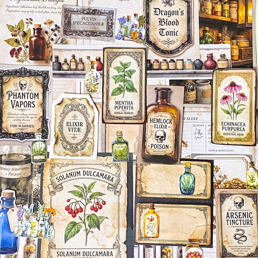 botanical and poison labels ephemera pack with vintage apothecary paper pieces flat lay showing 25 piece set for journaling and scrapbooking