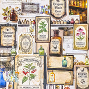 botanical and poison labels ephemera pack with vintage apothecary paper pieces flat lay showing 25 piece set for journaling and scrapbooking