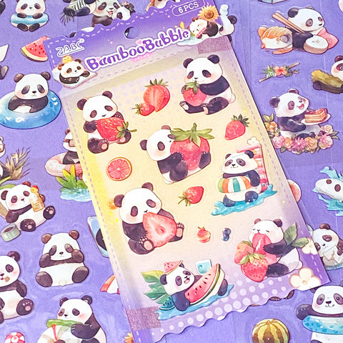 pack of 6 clear plastic stickers sheets of cute and kawaii pandas on a pale lilac background